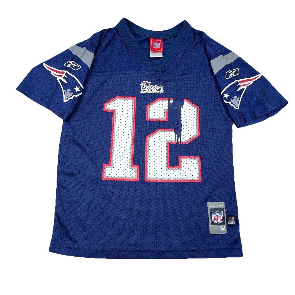 Vintage New England Patriots Jersey Boys Men Medium Blue Tom Brady Reebok Youth